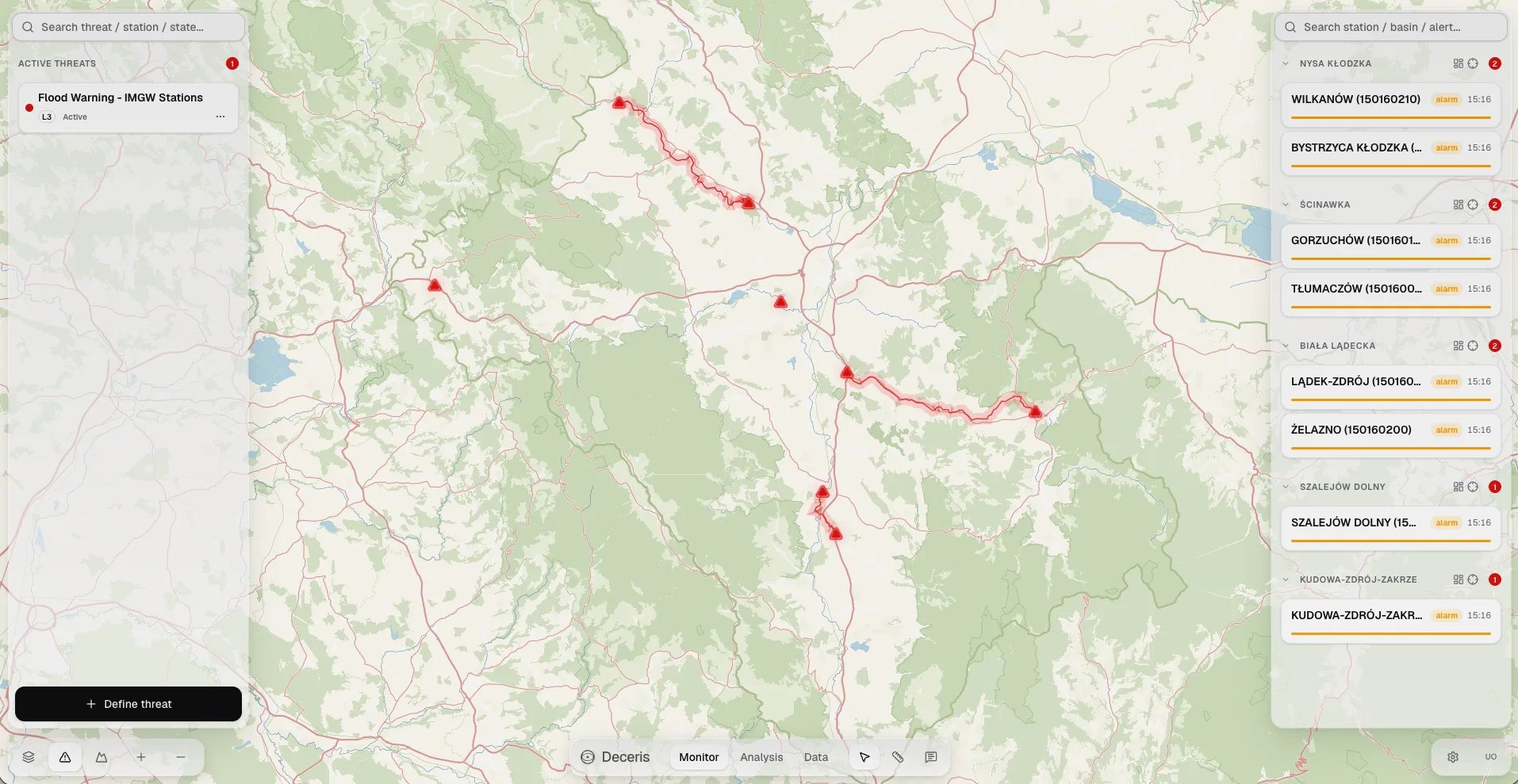Panel monitoringu Deceris: aktywne zagrożenie Flood Warning i lista stacji IMGW z alarmami